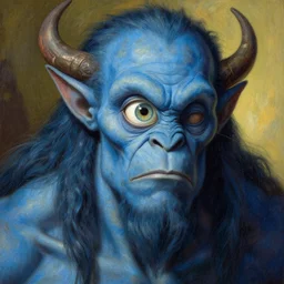 one-eyed single-eyed blue-skinned Cyclops Polyphemus with one huge eye. Extremely high detail, details, realistic, solo, masterpiece, full-face portrait, colorful, art by Arthur Rackham, Muzinabu, Johann Tischbein, Zdzisław Beksiński