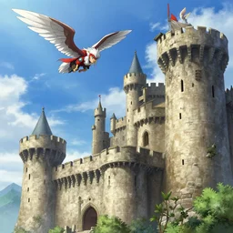 Detailed digital illustration close up view on medieval castle fly in the sky Akira Toriyama and Blizzard Concept Artists