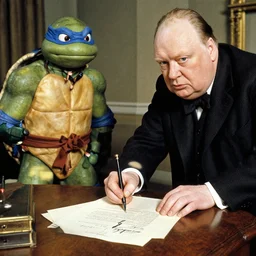 Winston Churchill signing the peace treaty with the Teenage Mutant Ninja Turtles