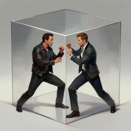 danny trejo and elon mush having a fight in an infinite cube, 4 k, trending on artstation, concept art