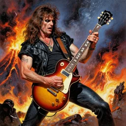 john goodman shredding on a gibson les paul, painting by frank frazetta, heavy metal artwork, bad motherfucker playing a face - melting solo while a volcano erupts