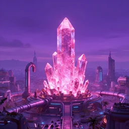 City on an alien planet, purple colorful sky, powered with pink glowing crystals, futuristic architecture, tubes, neon pink and blue lights, artstation, photorealistic, 8k, matte painting, unreal engine, octane render, 4k
