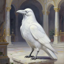 faerie albino raven in the palace courtyard. this oil painting by the award - winning mangaka has a beautiful composition, great sense of depth, dramatic lighting and intricate details.
