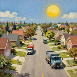 classic oil painting, a satellite view of a sunny sky suburban street with houses and dump trucks, as a dnd character, sunny suburban street, happycore, highly detailed, digital illustration, concept art, smooth, sharp focus, art by greg hildebrandt, and tim hildebrandt