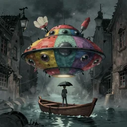 a realistic and atmospheric cell - shaded concept art from howl's moving castle ( 2 0 0 4 ) of a multi - colored ufo. a man with an umbrella is standing in a boat in a flooded alleyway. it is a misty starry night. very dull colors, hd, 4 k, hq