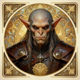 head-on symmetrical centered painted portrait, Warcraft male goblin rogue, leather armour, art nouveau, fractal tarot card style, masterpiece, fantasy, intricate, elegant, highly detailed, smooth, sharp focus, illustration, artstation, in the style of Artgerm and Anna Podedworna and Alex Ross and Mucha