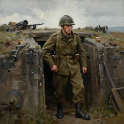 beautiful painting of a soldier in a trench waiting for the war to end. cinematic lighting by gerald brom greg rutkowski,