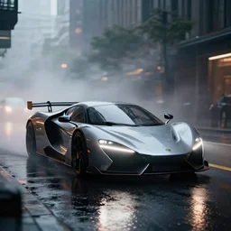 telephoto portrait of a Futuristic supercar on wet city streets, mist, dramatic lighting, high contrast, volumetric lighting, octane, cyberpunk