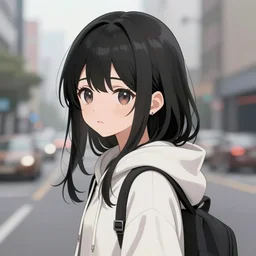 black haired girl wearing hoodie, city, pixiv ranking, aesthetic