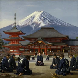 depression, suffering and hope, classical, by fernando botero, by ambrosius benson, realistic, zoomed out, epic composition, discovering japan, ceremony, temple, dojo, mountain fuji