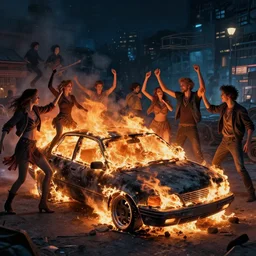 night life people dancing around a burning car, fantasy, highly detailed, art by greg rutkowski