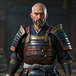 hyper - realistic + photorealistic render with very extreme intricate details, of a balded short bearded man wearing a samurai armor, shorts blue eyes and gray hair, in the style of final fantasy 1 5, digital game - art by ross tran, movie composition by sana takeda, dramatic cinematic lighting by greg rutkowski
