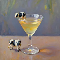 tiny miniature small cow in glass cocktail drink | impressionist painting