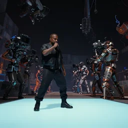 kanye west performing alongside playboi carti, by weta digital, by weta fx, by wlop, cinematic, dramatic, intentional camera movement, ektachrome, perspective, colorful, tones of black, light blue foreground, post - production, vfx, insanely detailed and intricate