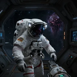 in - game screenshot, horror game, astronaut, cosmic horror, inside spaceship, unreal engine 5, ultra, third person