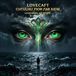 Lovecraft:: ocean:: night:: Chtulhu green eyes:: storm:: lighting:: art nouveau