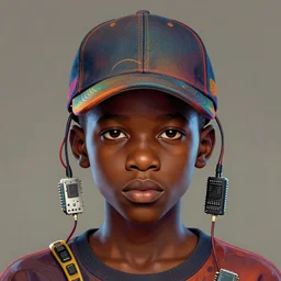 portrait of a nigerian boy wearing a baseball cap with wires and computer chips dangling from inside, art style by james jean, character concept art, digital illustration, colourful, sharp, intricate detail, volumetric light, ray tracing, symmetric, behance, artstation, pinterest,