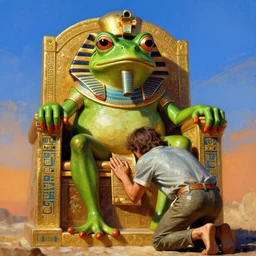 pepe the frog as an egypt god sitting on a glorious throne, a person bending knee front of him worshipping him, 1 7 th century, digital art, wet - on - wet technique, realistic, expressive emotions, intricate textures, illusionistic detail, peter mohrbacher, epic, artstation, vivid sky, detailed hands, detailed faces