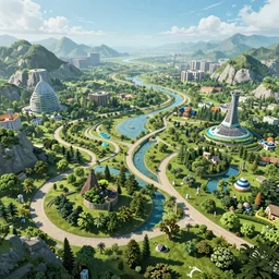 highly detailed civilization in symbiosis with nature and technology in harmony