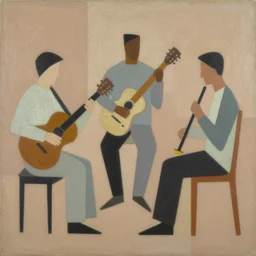 A abstract painting in the style of Tatsuro Kiuchi, flat colour-block style, earth tones, geometric abstraction, painting of three men playing music, modern pastel colours