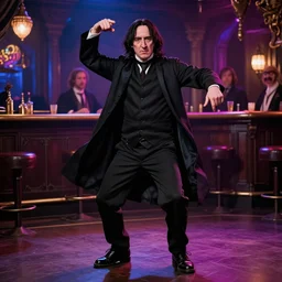 Severus Snape dances hip hop in a bar, neon, realistic, full body, very detailed, super realistic, dramatic
