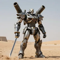rengoku tower of purgatory, combat android, katana arms, sword arms, shoulder cannon, skeletal face, military prototype, photography, desert.