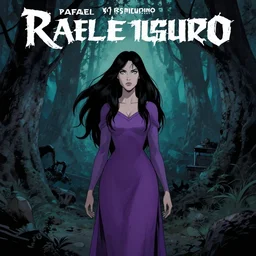 Rafael Albuquerque comic cover art, artgerm, Joshua Middleton, pretty Stella Maeve witch, serious look, purple dress, symmetrical eyes, symmetrical face long black hair, full body, dark forest, cool colors