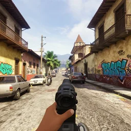 zona 1 in guatemala city if it was a game like grand theft auto v first person view, with realistic visuals and award winning gameplay, graffitis