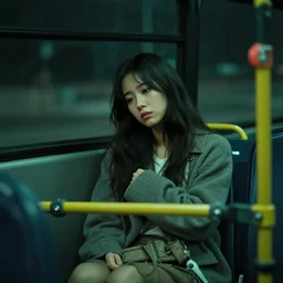 a young women, broken hearted, on a greyhound bus to find out where her love has been, nighttime, retrowave