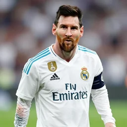 photograph of leonel messi playing for fc real madrid, accurately detailed eyes and body structure football field, shallow depth of field, sharp focus, intricate details, 8 k octane render, cinematic, photojournalism, fifa cover, soccer