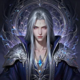 head-on centered symmetrical painted portrait, Sephiroth/Slaanesh as an androgynous Mage, intricate fantasy robes, fantasy, intricate, iridescent energy, elegant, highly detailed, digital painting, smooth, sharp focus, illustration, dramatic lighting, artstation, in the style of Artgerm and Ross Tran and Anna Podedworna and Alex Ross