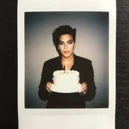 Polaroid of Adam Lambert holding a birthday cake