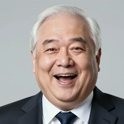 close - up portrait of chubby chubby chubby white clean - shaven man in his sixties with white hair wearing a suit and tie, open mouthed smile,