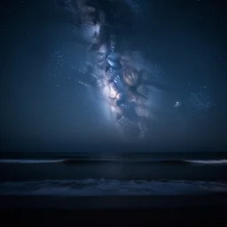 the ocean, midnight, the milk way in the sky.