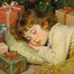 two year old girl with short wavy curly hair, asleep at christmas. surrounded by gifts. high quality detailed face. beautiful painting by artgerm and greg rutkowski and alphonse mucha