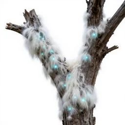 photo of a dead tree that is infested with magical white hair-like fuzzy fungus with bioluminescence, photorealism, full view, reference image, documentation.