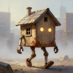 a walking cute wood house with two mechanical legs and two glowing eyes and a mouth, rust, hyperrealistic, pareidolia, highly detailed, cinematic, single ray of sun, fog, city in background, beautiful, cgssociety, artstation, 8 k, oil painting