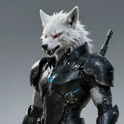 portrait of a cybernetic werewolf warrior with white fur and silver fangs wearing black power armor, cyberpunk concept art by josan gonzales and moebius and enki bilal and and dan mumford