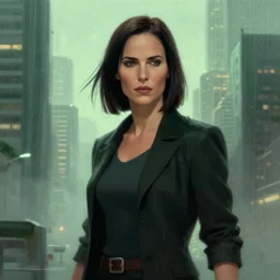 battle hardened, overpowering, pragmatic, charismatic female characters from the matrix, face centered portrait, confident, modern cityscape, outdoors, architecture, fog, rain, volumetric lighting, illustration, perfectly shaded, greenish tinge, cold lights soft painting, art by krenz cushart and wenjun lin