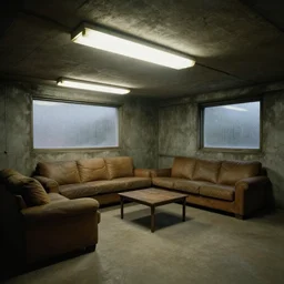 an underground living room, fluorescent lighting, underground, windowless