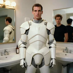 a paladin wearing issey miyake armor in a bathroom, portrait, fashion photography, by mario testino, davide sorrenti, jemal shabazz