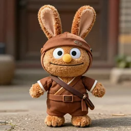 a monk class brown colored rabbitfolk plush wearing a ninja uniform, sesame street