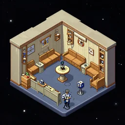 isometric view of an officer\'s living quarters on a space station, from a space themed Lucasarts graphic adventure game made in 2008