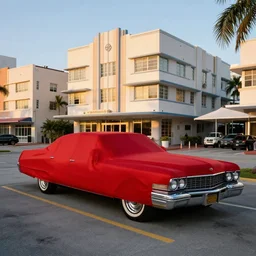 a 1 9 5 7 cadillac with a red silk car cover on a parking place outside a miami art deco hotel, sunset, crisp, 3 5 mm