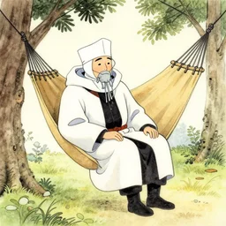 japanese drawing of a plague doctor sitting in a hammock