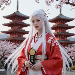 beautiful albino maiko with very long hair in a pagoda, detailed, jewelry, sakura,photograph, award wining, red and white, trending on artstation, punk attitude, 4k, unreal engine 5, octane render, neon highlights