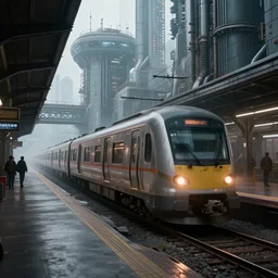 Immense industrial futuristic train arrives at cyber punk city station, cinematic lighting, concept art