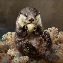 sea otter, opening a clam, sitting on coral, rim lighting, royal, oil painting