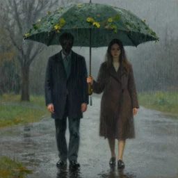 a couple waking in the rain with tree heads, surrealist oil painting