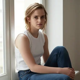 emma watson in the style of ilya kuvshinov, sitting down, leaning against the window